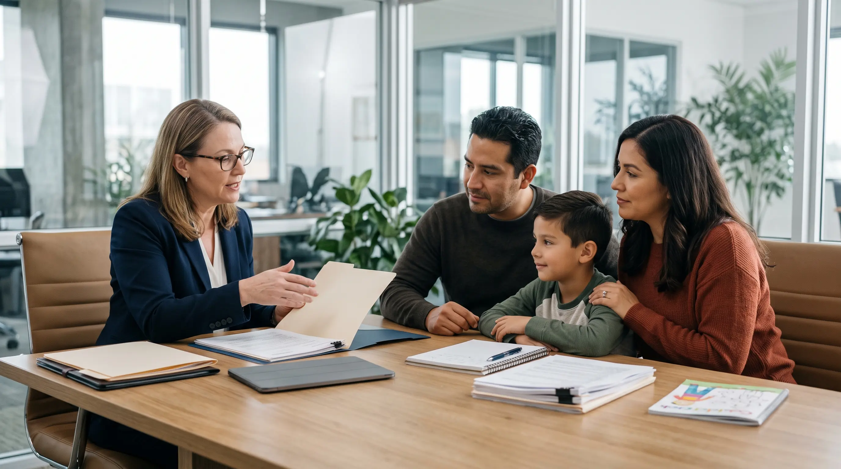 Familia hispana consultando a un abogado de migración sobre una petición de reunificación familiar.