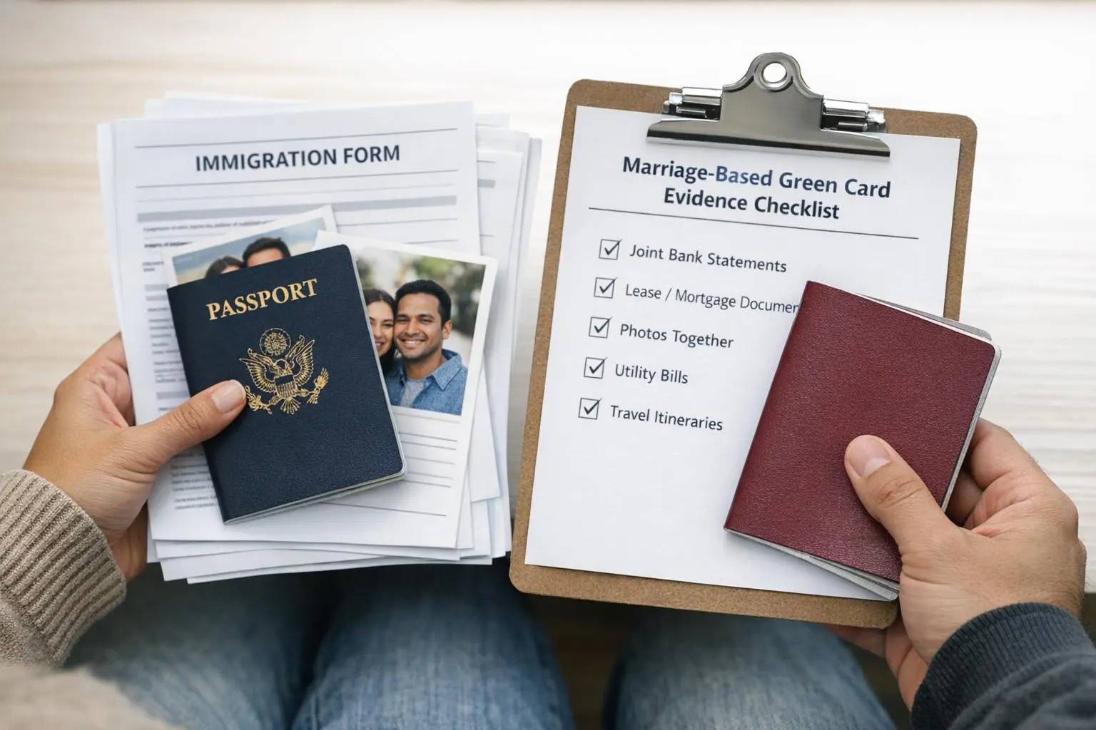 Documentos y evidencias para solicitar la residencia permanente por matrimonio en Estados Unidos.